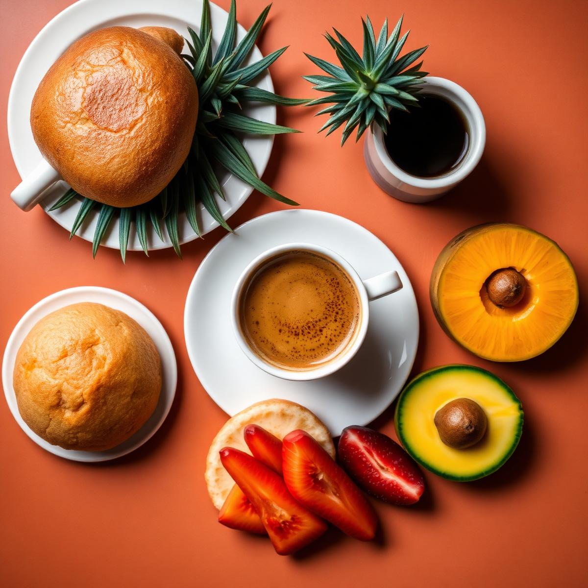 Café coado e pão de queijo sobre mesa terracota